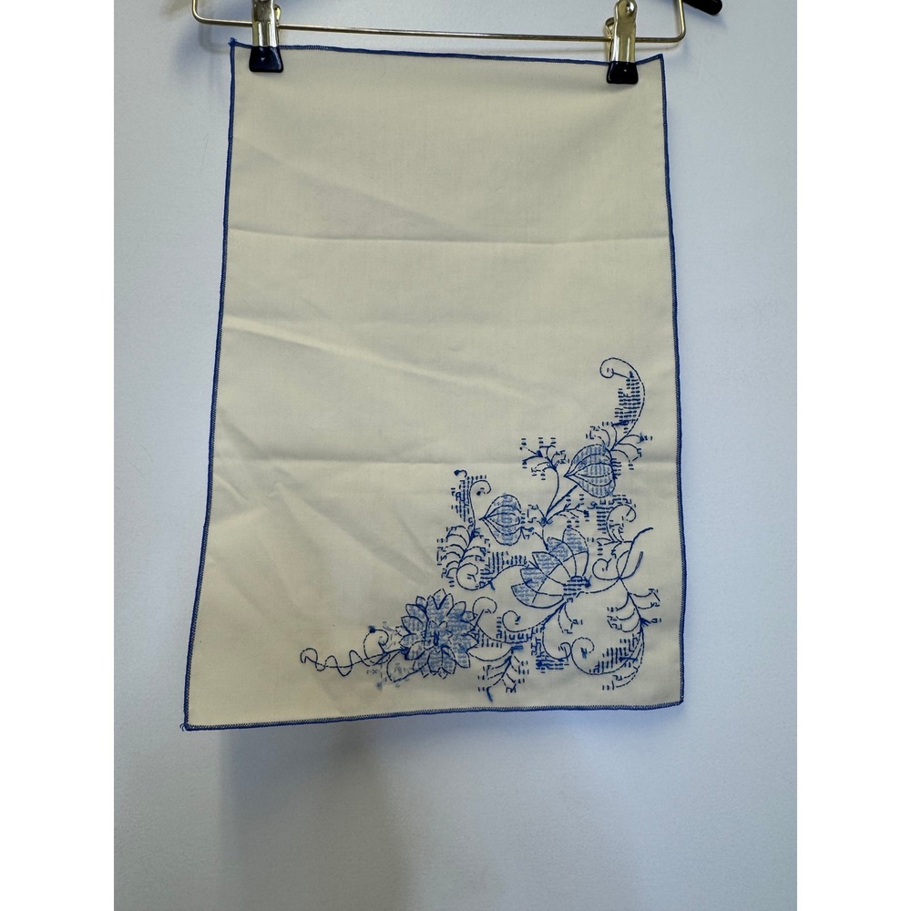 Vintage Cream Tea Towel‎ Blue Floral Cross Stitch Embroidery Farmhouse Decor